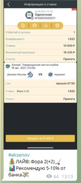 Телеграмм канал Aksenov.Bets - ставки на спорт
