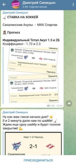 Телеграмм Дмитрий Синицын - ставки на хокей