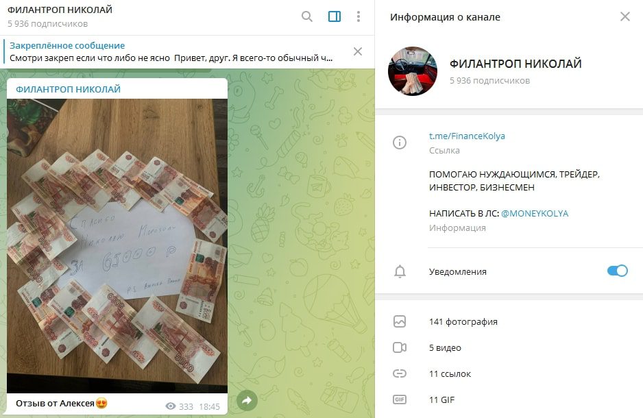 Telegram Филантроп Николай - розыгрыш денег