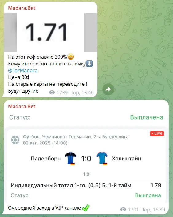 Статистика по платным прогнозам на канале в телеграмме Madara.Bet